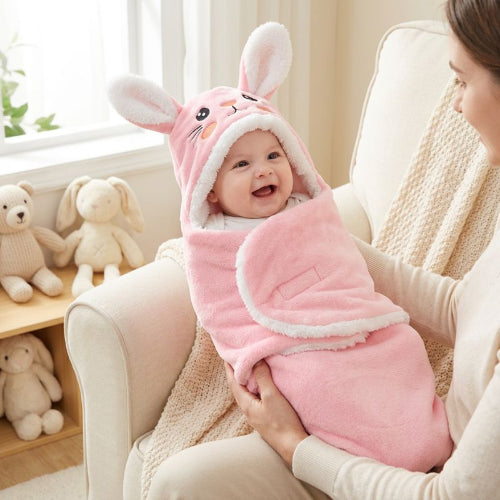 Gigoteuse bébé lapin rose portée tendrement par un parent