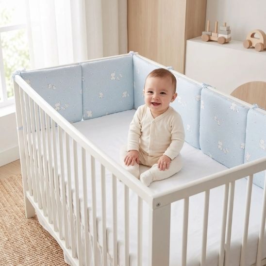 Tour de lit bébé bleu éléphant enfant souriant