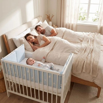 Tour de lit bébé bleu éléphant installé dans un berceau