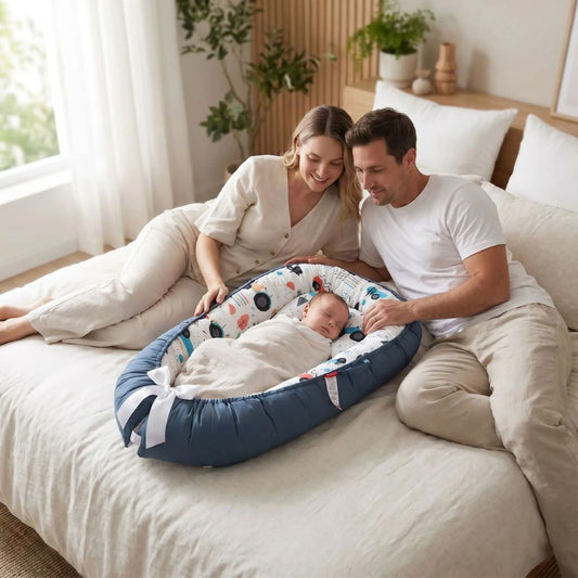 Réducteur de lit bébé cocooning secure voiture bleue bébé dort