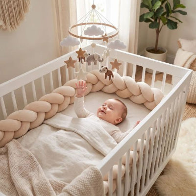 Tresse de lit cocon sécurisé beige placée sous un mobile