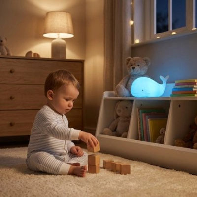 Veilleuse baleine lumière douce bleue éclaire enfant qui joue
